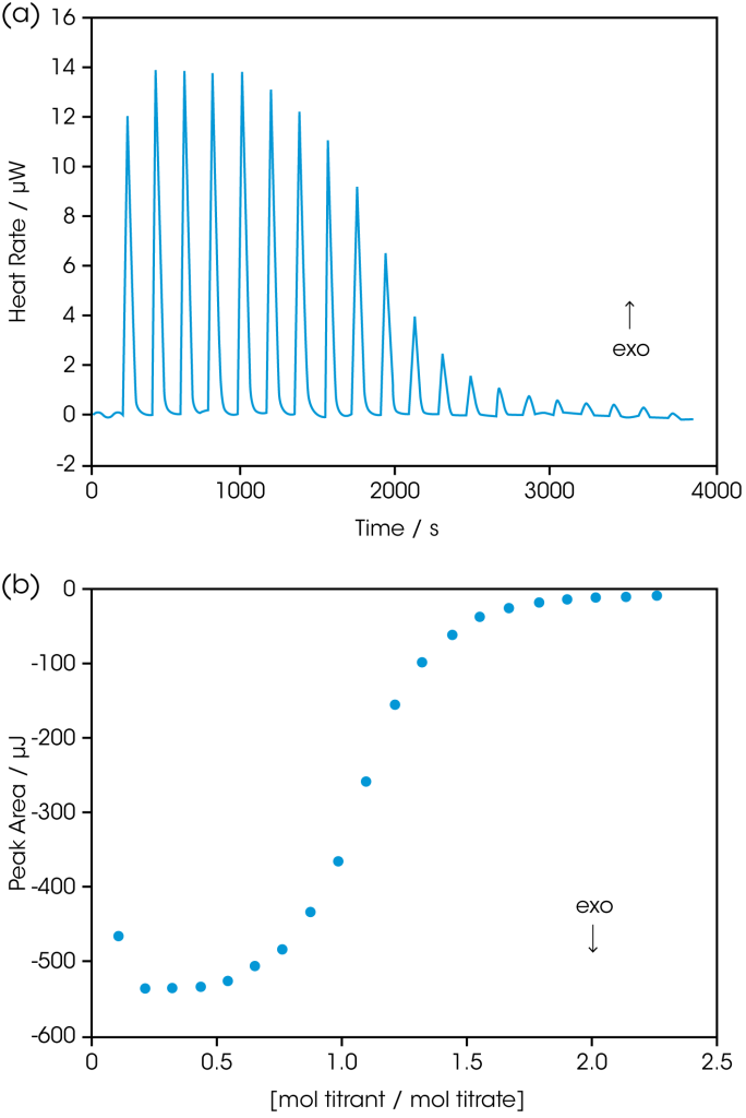Figure 2: RNase A titrated with 2’-CMP in a TA Instruments R&D Center ITC. RNase A was dialyzed (2 × 72 h, 4 °C) against 15 mM potassium acetate buffer, pH 5.5, then the concentration of the protein was adjusted to 80 μM. Ligand (1.58 mM 2’-CMP) was prepared using the final dialysis buffer. RNase A was loaded into the 7.0 mL sample cell and 2’-CMP was loaded into the 100 μL syringe. Twenty, 5 μL aliquots of ligand were titrated into the protein while the temperature of the system was maintained at 25°C. Figure 2a: The signal (heat) produced following each addition of inhibitor. Figure 2b: Integration of the heats over the time course of the experiment; the μJ in each peak are plotted against the mole ratio of titrant (inhibitor) to titrate (protein). ‘Exo’ depicts the sign convention for an exothermic reaction. Ka of 2’-CMP binding: 1 × 106 M-1. Enthalpy of binding: -65 KJ mol-1.